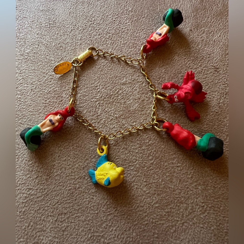 Vintage 90s Disney Little Mermaid Gold Bracelet with Red and Yellow Charms EUC